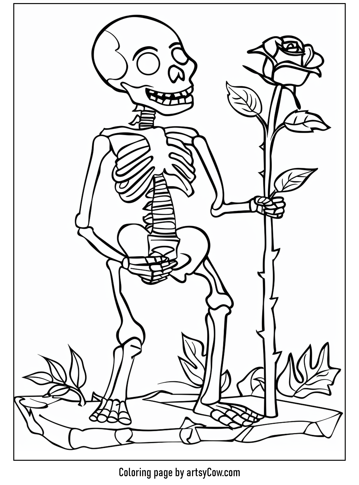 free halloween coloring pages for kids and adults, depicting a friendly skeleton holding a large rose with intricate details. This coloring page is perfect for anyone looking to add a touch of whimsy and creativity to Halloween festivities.